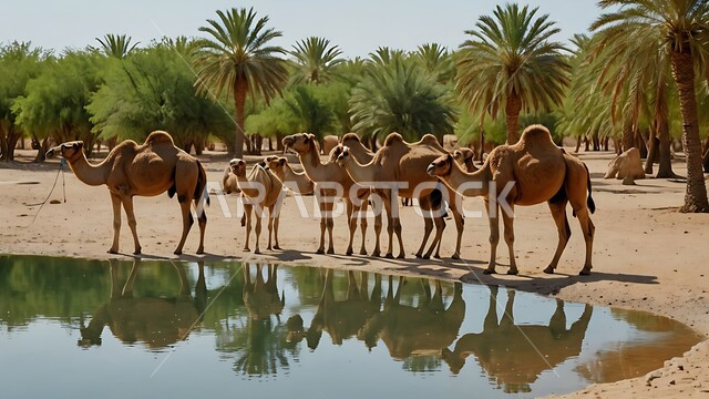 بركة ماء في الطبيعه الصحراويه، تربية الإبل في المملكه العربيه السعوديه، مجموعه من الجمال العربيه الاصيله في الواحه ، نياق بيضاء في وسط الصحراء