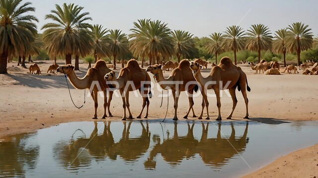 بركة ماء في الطبيعه الصحراويه، تربية الإبل في المملكه العربيه السعوديه، مجموعه من الجمال العربيه الاصيله في الواحه ، نياق بيضاء في وسط الصحراء