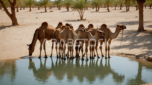 بركة ماء في الطبيعه الصحراويه، تربية الإبل في المملكه العربيه السعوديه، مجموعه من الجمال العربيه الاصيله في الواحه ، نياق بيضاء في وسط الصحراء