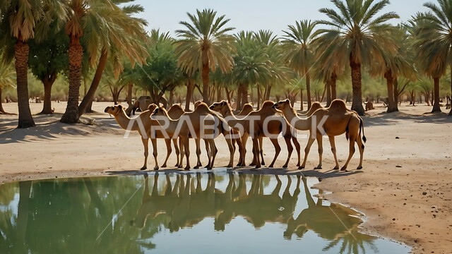 بركة ماء في الطبيعه الصحراويه، تربية الإبل في المملكه العربيه السعوديه، مجموعه من الجمال العربيه الاصيله في الواحه ، نياق بيضاء في وسط الصحراء