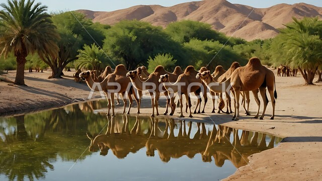 بركة ماء في الطبيعه الصحراويه، تربية الإبل في المملكه العربيه السعوديه، مجموعه من الجمال العربيه الاصيله في الواحه ، نياق بيضاء في وسط الصحراء