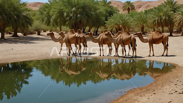 بركة ماء في الطبيعه الصحراويه، تربية الإبل في المملكه العربيه السعوديه، مجموعه من الجمال العربيه الاصيله في الواحه ، نياق بيضاء في وسط الصحراء