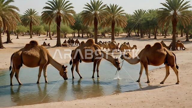 بركة ماء في الطبيعه الصحراويه، تربية الإبل في المملكه العربيه السعوديه، مجموعه من الجمال العربيه الاصيله في الواحه ، نياق بيضاء في وسط الصحراء