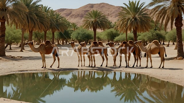 مجموعه من الجمال العربيه الاصيله في الواحه ، نياق بيضاء في وسط الصحراء ، بركة ماء في الطبيعه الصحراويه، تربية الإبل في المملكه العربيه السعوديه 