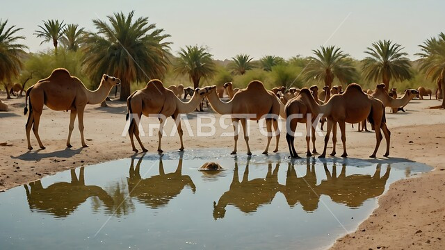مجموعه من الجمال العربيه الاصيله في الواحه ، نياق بيضاء في وسط الصحراء ، بركة ماء في الطبيعه الصحراويه، تربية الإبل في المملكه العربيه السعوديه 