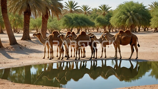 مجموعه من الجمال العربيه الاصيله في الواحه ، نياق بيضاء في وسط الصحراء ، بركة ماء في الطبيعه الصحراويه، تربية الإبل في المملكه العربيه السعوديه 