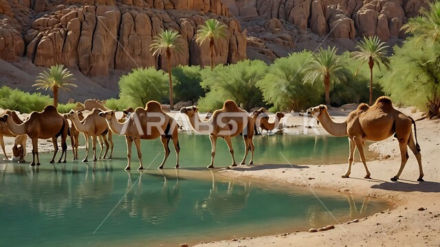 مجموعه من الجمال العربيه الاصيله في الواحه ، نياق بيضاء في وسط الصحراء ، بركة ماء في الطبيعه الصحراويه، تربية الإبل في المملكه العربيه السعوديه 