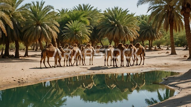 مجموعه من الجمال العربيه الاصيله في الواحه ، نياق بيضاء في وسط الصحراء ، بركة ماء في الطبيعه الصحراويه، تربية الإبل في المملكه العربيه السعوديه 