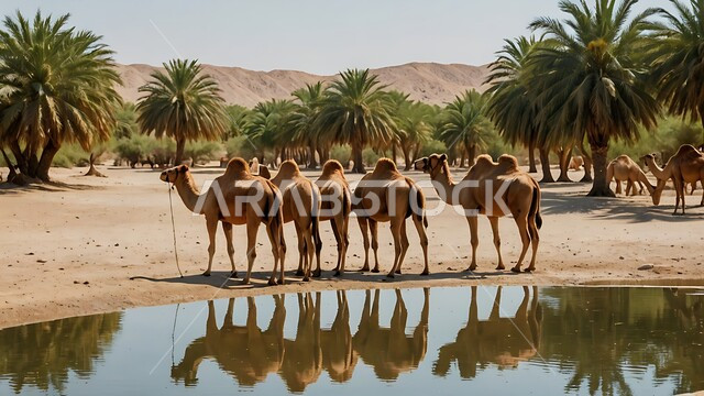 مجموعه من الجمال العربيه الاصيله في الواحه ، نياق بيضاء في وسط الصحراء ، بركة ماء في الطبيعه الصحراويه، تربية الإبل في المملكه العربيه السعوديه 