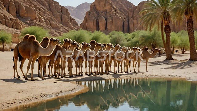 مجموعه من الجمال العربيه الاصيله في الواحه ، نياق بيضاء في وسط الصحراء ، بركة ماء في الطبيعه الصحراويه، تربية الإبل في المملكه العربيه السعوديه 