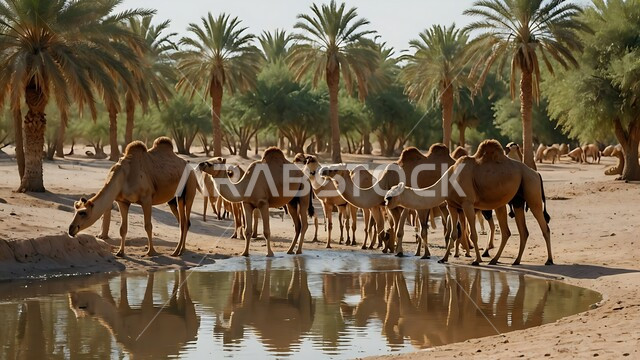 مجموعه من الجمال العربيه الاصيله في الواحه ، نياق بيضاء في وسط الصحراء ، بركة ماء في الطبيعه الصحراويه، تربية الإبل في المملكه العربيه السعوديه 