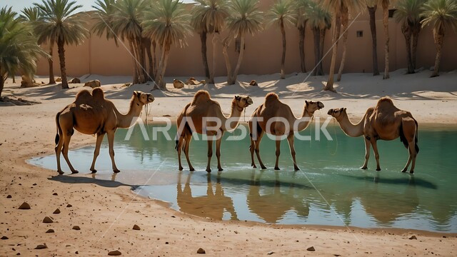 مجموعه من الجمال العربيه الاصيله في الواحه ، نياق بيضاء في وسط الصحراء ، بركة ماء في الطبيعه الصحراويه، تربية الإبل في المملكه العربيه السعوديه 