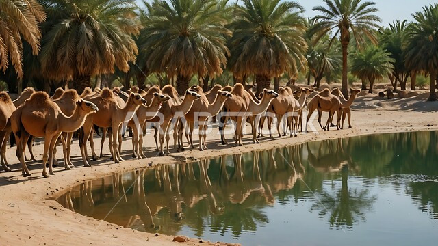 مجموعه من الجمال العربيه الاصيله في الواحه ، نياق بيضاء في وسط الصحراء ، بركة ماء في الطبيعه الصحراويه، تربية الإبل في المملكه العربيه السعوديه 