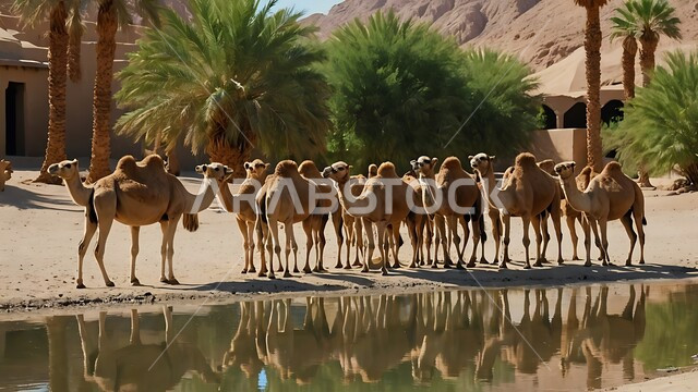 تربية الإبل في المملكه العربيه السعوديه، مجموعه من الجمال العربيه الاصيله في الواحه ، نياق بيضاء في وسط الصحراء ، بركة ماء في الطبيعه الصحراويه