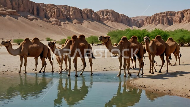 تربية الإبل في المملكه العربيه السعوديه، مجموعه من الجمال العربيه الاصيله في الواحه ، نياق بيضاء في وسط الصحراء ، بركة ماء في الطبيعه الصحراويه