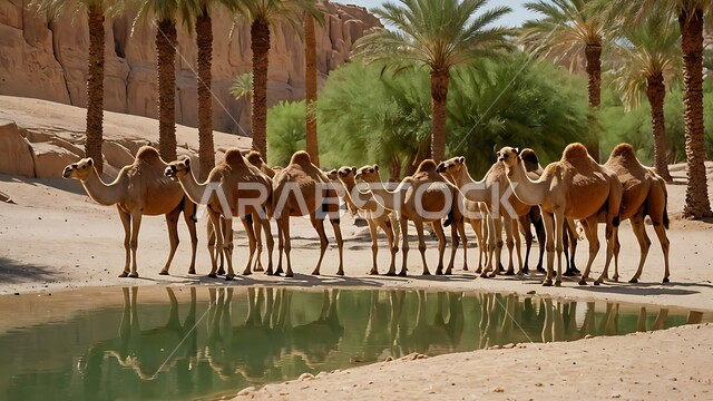 تربية الإبل في المملكه العربيه السعوديه، مجموعه من الجمال العربيه الاصيله في الواحه ، نياق بيضاء في وسط الصحراء ، بركة ماء في الطبيعه الصحراويه