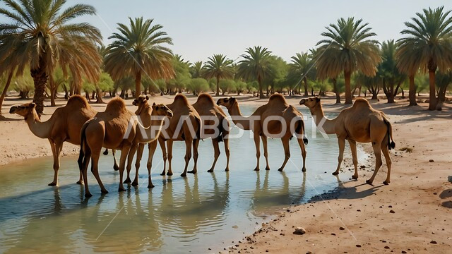 تربية الإبل في المملكه العربيه السعوديه، مجموعه من الجمال العربيه الاصيله في الواحه ، نياق بيضاء في وسط الصحراء ، بركة ماء في الطبيعه الصحراويه