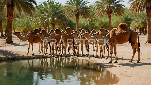 تربية الإبل في المملكه العربيه السعوديه، مجموعه من الجمال العربيه الاصيله في الواحه ، نياق بيضاء في وسط الصحراء ، بركة ماء في الطبيعه الصحراويه