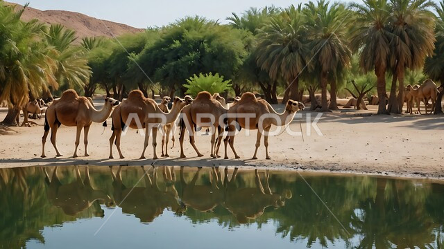 تربية الإبل في المملكه العربيه السعوديه، مجموعه من الجمال العربيه الاصيله في الواحه ، نياق بيضاء في وسط الصحراء ، بركة ماء في الطبيعه الصحراويه