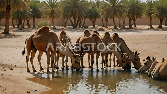 تربية الإبل في المملكه العربيه السعوديه، مجموعه من الجمال العربيه الاصيله في الواحه ، نياق بيضاء في وسط الصحراء ، بركة ماء في الطبيعه الصحراويه