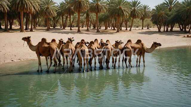 تربية الإبل في المملكه العربيه السعوديه، مجموعه من الجمال العربيه الاصيله في الواحه ، نياق بيضاء في وسط الصحراء ، بركة ماء في الطبيعه الصحراويه