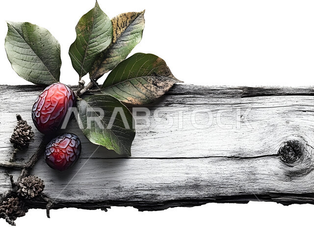 محاصيل زراعية محلية وطنية, ثمار ذات قيمة غذائية عالية، صورة باللون الأسود والأبيض لثمار حمراء المليئة بالفيتامينات وأوراق خضراء على سطح خشبي متآكل، الفواكه الطازجة في المملكة العربية السعودية