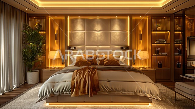 Interior design of homes and houses in brown and white, bedroom with modern contemporary designs, elegant interior furniture and home accessories, luxury residential apartments and villas, hotels and resorts with elegant decor in the Kingdom of Saudi Arabia, facades and glass windows