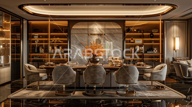 ديكورات منزلية داخلية حديثة لغرف الطعام، شقق وفلل سكنية في المملكة العربية السعودية, غرفة سفرة بتصاميم راقية باللون البني, الفنون الهندسية على الطراز الفني الانيق في الاثاث المنزلي