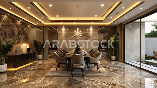 ديكورات منزلية داخلية حديثة لغرف الطعام، شقق وفلل سكنية في المملكة العربية السعودية, غرفة سفرة بتصاميم راقية باللون البني, الفنون الهندسية على الطراز الفني الانيق في الاثاث المنزلي