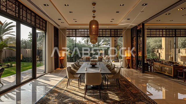 غرفة سفرة بتصاميم راقية باللون البيج, ديكورات منزلية داخلية حديثة لغرف الطعام، شقق وفلل سكنية في المملكة العربية السعودية, الفنون الهندسية على الطراز الفني الانيق في الاثاث المنزلي