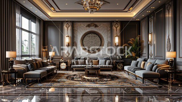غرف معيشه بتصاميم عصرية حديثه, التحف والديكورات الداخليه الأنيقة، غرفة جلوس فاخرة, شقق وفلل سكنية في المملكة العربية السعودية، أثاث منزلي راقي ومريح باللون الرمادي, النوافذ والواجهات الزجاجية