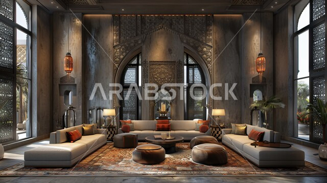 غرف معيشه بتصاميم عصرية حديثه, التحف والديكورات الداخليه الأنيقة، غرفة جلوس فاخرة, شقق وفلل سكنية في المملكة العربية السعودية، أثاث منزلي راقي ومريح باللون الرمادي, النوافذ والواجهات الزجاجية