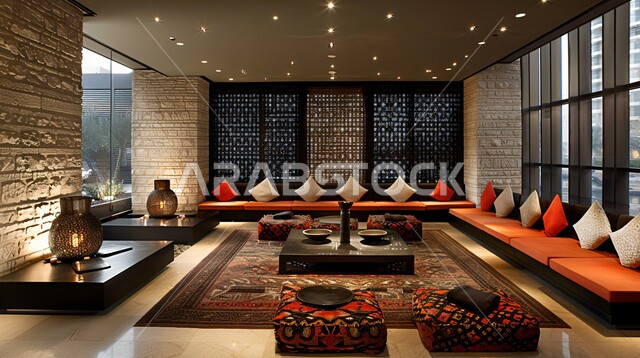 التحف والديكورات الداخليه الأنيقة، غرفة جلوس فاخرة, غرف معيشه بتصاميم عصرية حديثه, شقق وفلل سكنية في المملكة العربية السعودية، أثاث منزلي راقي ومريح باللون البرتقالي, النوافذ والواجهات الزجاجية