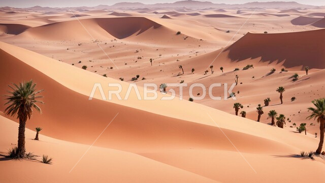 نبات الصبار الشوكي على الرمال الذهبية الناعمة في المناطق الصحراوية، نمو الشوكيات والأعشاب في براري المملكة العربية السعودية, النباتات والمزروعات البرية في المحميات الطبيعية، الكثبان والمرتفعات الرملية في الصحراء