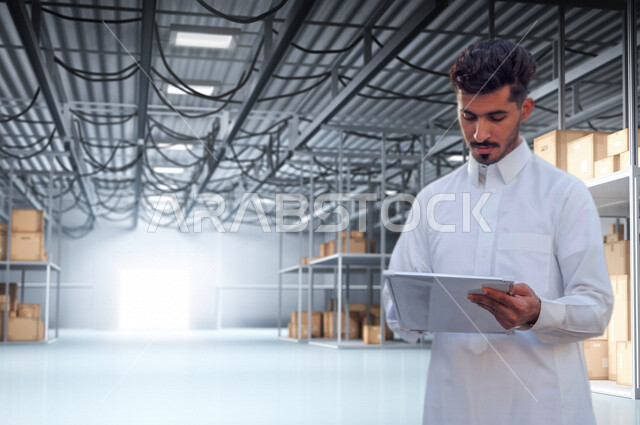 شاب عربي خليجي سعودي، الإشراف على المستودعات و المخازن، رافعة شوكية في ساحة تخزين المستودع، الإشراف على عمليات الاستلام والتخزين والتوزيع والصيانة