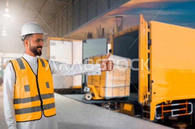 A Saudi Arabian Gulf youth wearing a protective jacket and helmet, cargo truck, delivery service, efficiency and excellence in providing express delivery and shipping services, stacked packing boxes, worker supervising the packing and shipping of goods