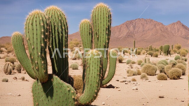  مجموعة من نبات الصبار الشوكي في المناطق الصحراوية, نمو الشوكيات والأعشاب في براري المملكة العربية السعودية, النباتات الشوكية البرية في المحميات الطبيعية