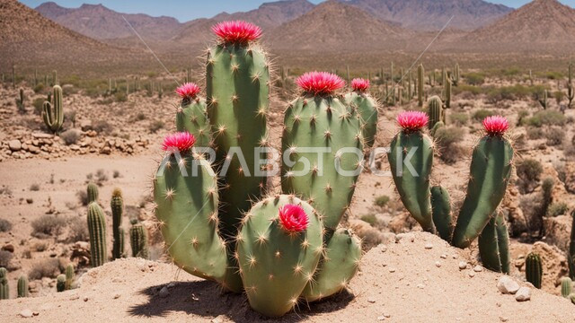  مجموعة من نبات الصبار الشوكي في المناطق الصحراوية, نمو الشوكيات والأعشاب في براري المملكة العربية السعودية, النباتات الشوكية البرية في المحميات الطبيعية