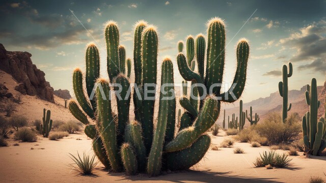 النباتات الشوكية البرية في المحميات الطبيعية، مجموعة من نبات الصبار الشوكي في المناطق الصحراوية, نمو الشوكيات والأعشاب في براري المملكة العربية السعودية