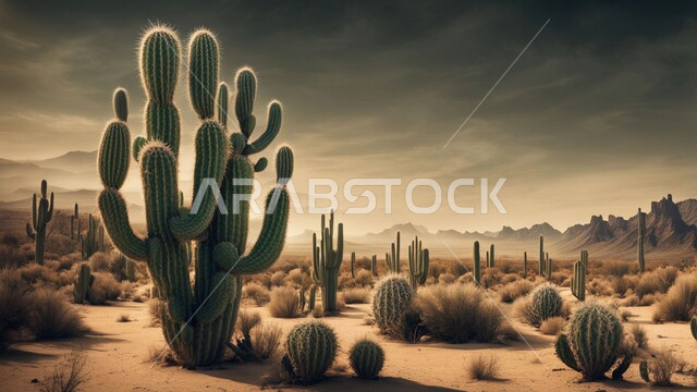 النباتات الشوكية البرية في المحميات الطبيعية، مجموعة من نبات الصبار الشوكي في المناطق الصحراوية, نمو الشوكيات والأعشاب في براري المملكة العربية السعودية