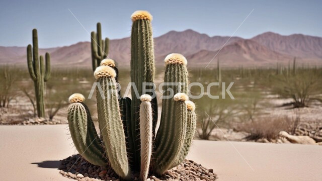 النباتات الشوكية البرية في المحميات الطبيعية، مجموعة من نبات الصبار الشوكي في المناطق الصحراوية, نمو الشوكيات والأعشاب في براري المملكة العربية السعودية