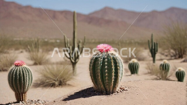 النباتات الشوكية البرية في المحميات الطبيعية، مجموعة من نبات الصبار الشوكي في المناطق الصحراوية, نمو الشوكيات والأعشاب في براري المملكة العربية السعودية