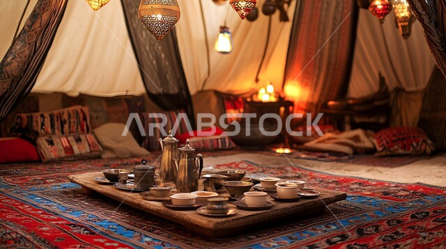 الديكورات الداخلية للخيم البدوية التقليدية, المفروشات والوسائد الملونة, الحياة البرية في الصحاري, المنسوجات المطرزة المصنوعة بشكل يدوي, طاولة الضيافة الخشبية المنخفضة, خيمة شعبية مصممة على الطراز التراثي للمملكة العربية السعودية