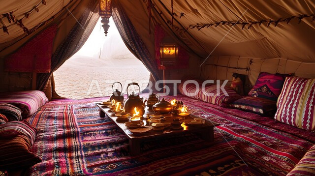 الديكورات الداخلية للخيم البدوية التقليدية, المفروشات والوسائد الملونة, الحياة البرية في الصحاري, المنسوجات المطرزة المصنوعة بشكل يدوي, طاولة الضيافة الخشبية المنخفضة, خيمة شعبية مصممة على الطراز التراثي للمملكة العربية السعودية