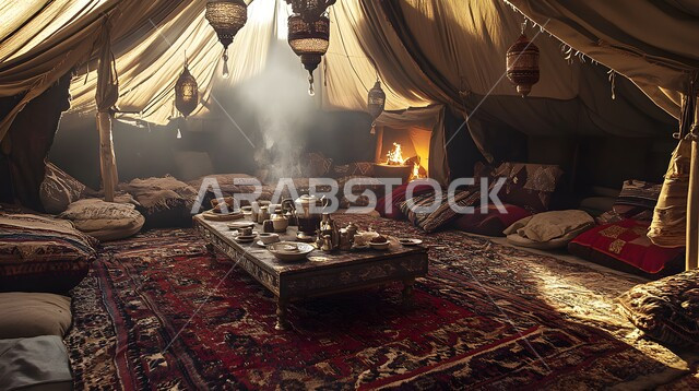 الديكورات الداخلية للخيم البدوية التقليدية, المفروشات والوسائد الملونة, الحياة البرية في الصحاري, المنسوجات المطرزة المصنوعة بشكل يدوي, طاولة الضيافة الخشبية المنخفضة, خيمة شعبية مصممة على الطراز التراثي للمملكة العربية السعودية