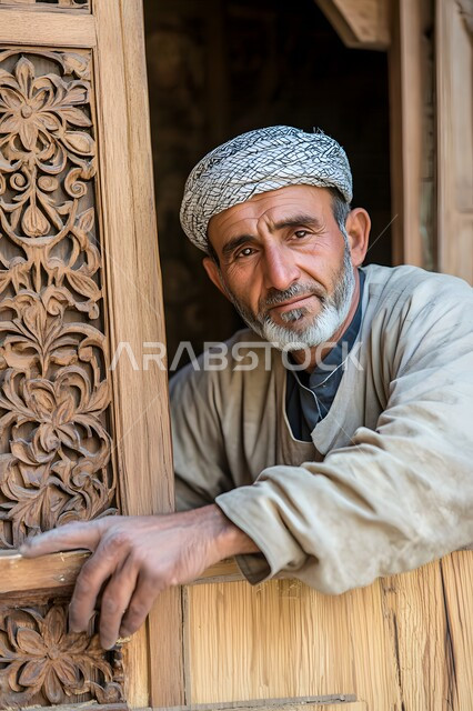 الصناعات التشكيلية اليدوية، مهن وحرف شعبية تراثية، معارض للمواهب والفنون، منحوتات وزخارف وأعمال فنية يدوية، صورة مقربة لنحات عربي خليجي سعودي يقف أمام تحفته الفنية الخشبية