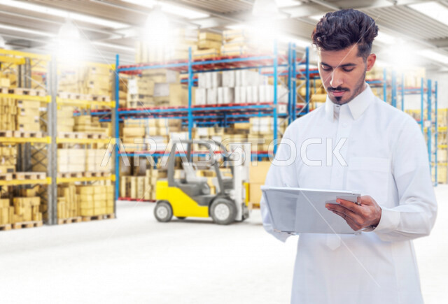 شاب عربي خليجي سعودي، الإشراف على المستودعات و المخازن، رافعة شوكية في ساحة تخزين المستودع، الإشراف على عمليات الاستلام والتخزين والتوزيع والصيانة