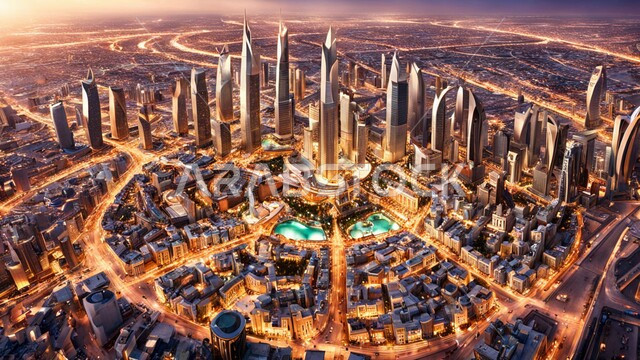 منظر تخيلي مستقبلي للتقدم و النمو العمراني للمباني والمنشآت التجارية الشاهقة في الامارات العربية المتحدة, رؤية مستقبلية 2031, الفن الهندسي المعماري للأبراج وناطحات السحاب, بناء مستقبل حضاري ومتطور