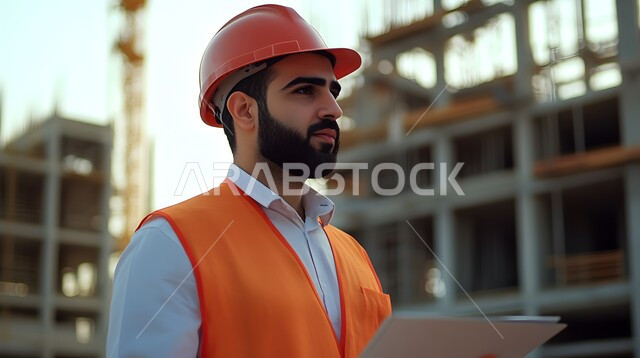 إنشاء الأساسات والهياكل للمشروعات السكنية، أعمال البناء والمقاولات والتطوير العقاري في السعودية، مهندس معماري عربي خليجي سعودي يرتدي الخوذة وزي العمل يحمل بيده المخطط يقف في موقع البناء، تشييد المباني والمشاريع الضخمة