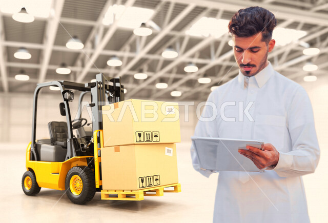 شاب عربي خليجي سعودي، الإشراف على المستودعات و المخازن، رافعة شوكية في ساحة تخزين المستودع، الإشراف على عمليات الاستلام والتخزين والتوزيع والصيانة